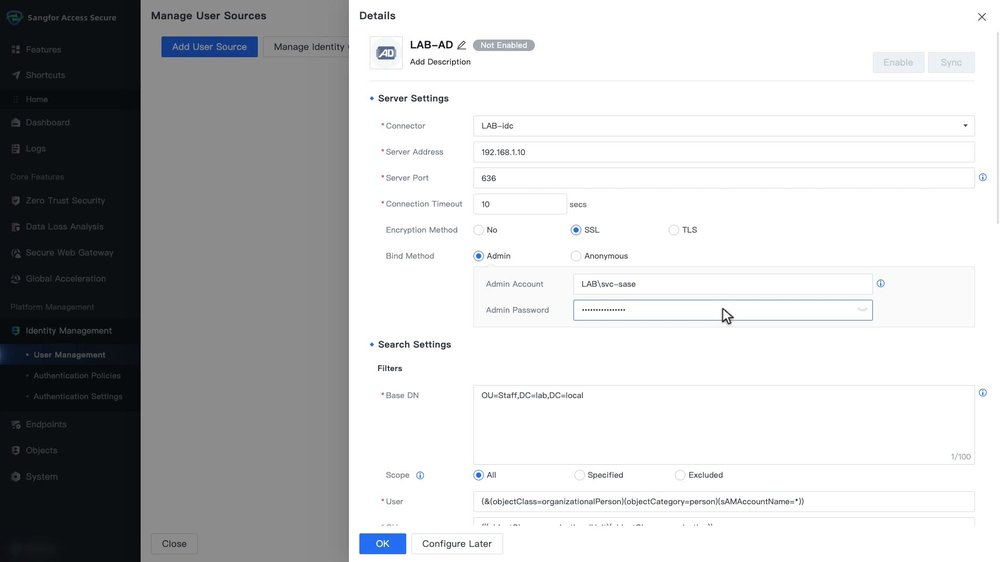 ส่วน Server Settings ของ User Source แบบ Microsoft AD เลือก Encryption Method เป็น SSL และ Port 636