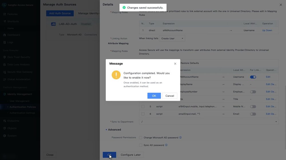 ข้อความ Configuration completed ถามว่าจะ Enable Auth Source ทันทีหรือไม่