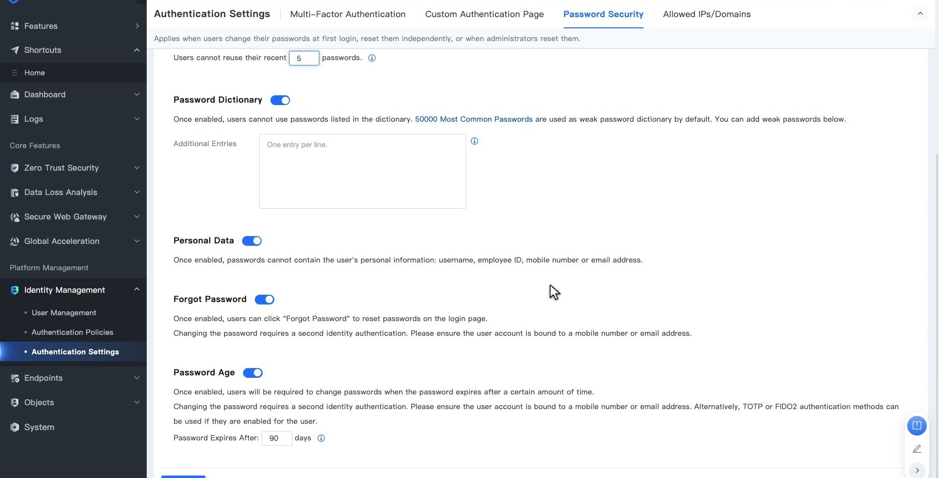 ส่วนล่างของแท็บ Password Security แสดง Password Dictionary, Personal Data, Forgot Password, Password Age และปุ่ม Save