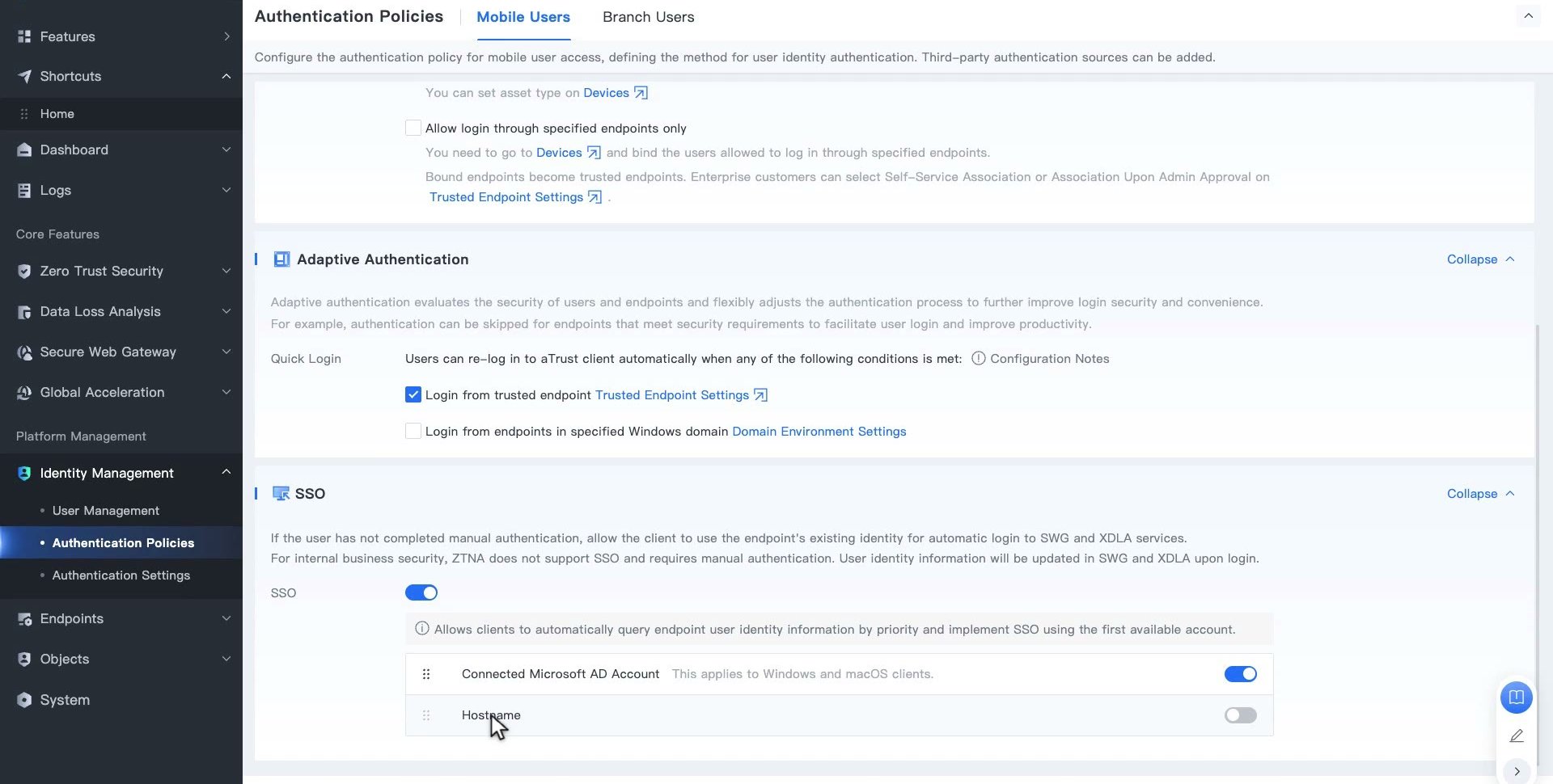 ส่วน SSO ของ PC (Client Access) เปิดสวิตช์ SSO และ Connected Microsoft AD Account พร้อมตัวเลือก Hostname และส่วน Quick Login ด้านบน