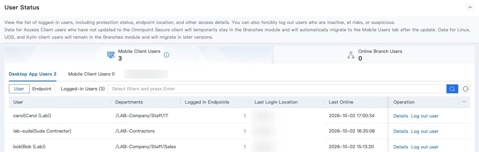 Dashboard User Status แท็บ Desktop App Users แสดงผู้ใช้จาก AD ที่ออนไลน์ด้วย SSO