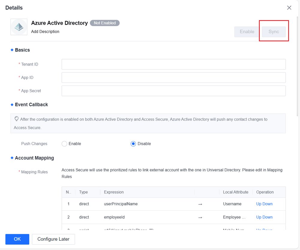 ส่วน Event Callback และ Account Mapping ของ User Source แบบ Azure Active Directory