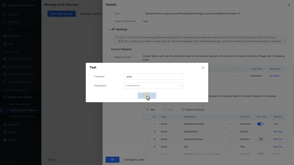 หน้าต่าง Test ให้กรอก Account และ Password ของผู้ใช้ AD