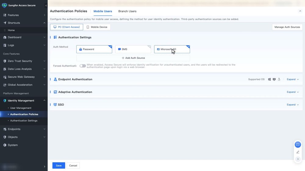 หน้า PC (Client Access) ในโหมด Edit ติ๊ก Password และ Microsoft AD