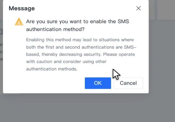 หน้าต่างยืนยันการเปิดวิธี SMS ที่เตือนเรื่องการใช้ SMS ทั้งสองขั้น