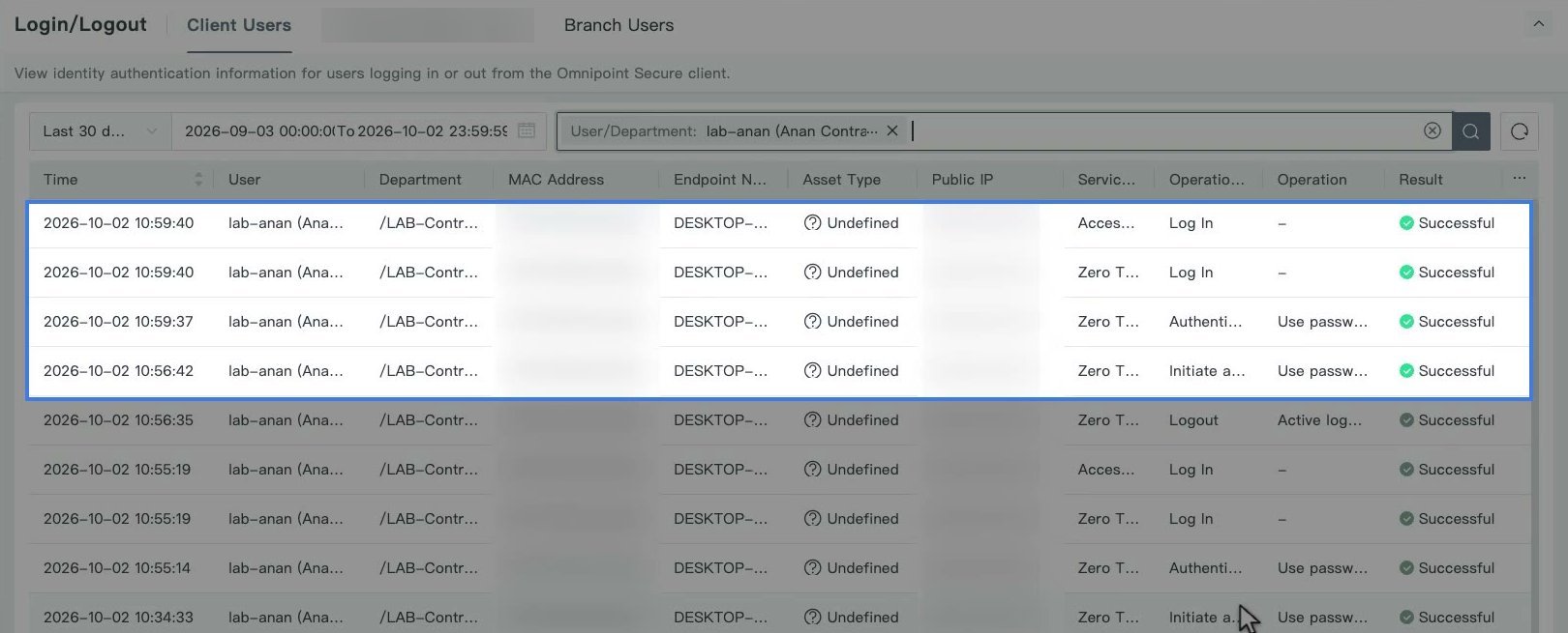 Logs Login/Logout แท็บ Client Users กรองตามผู้ใช้ทดสอบ แสดงรายการ Initiate, Authenticate และ Log In ที่ผลเป็น Successful