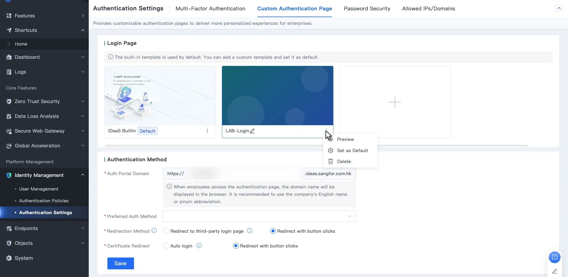 แท็บ Custom Authentication Page แสดงการ์ด IDaaS Builtin ที่เป็น Default การ์ด Template ขององค์กรพร้อมเมนู Preview, Set as Default, Delete และฟอร์ม Authentication Method