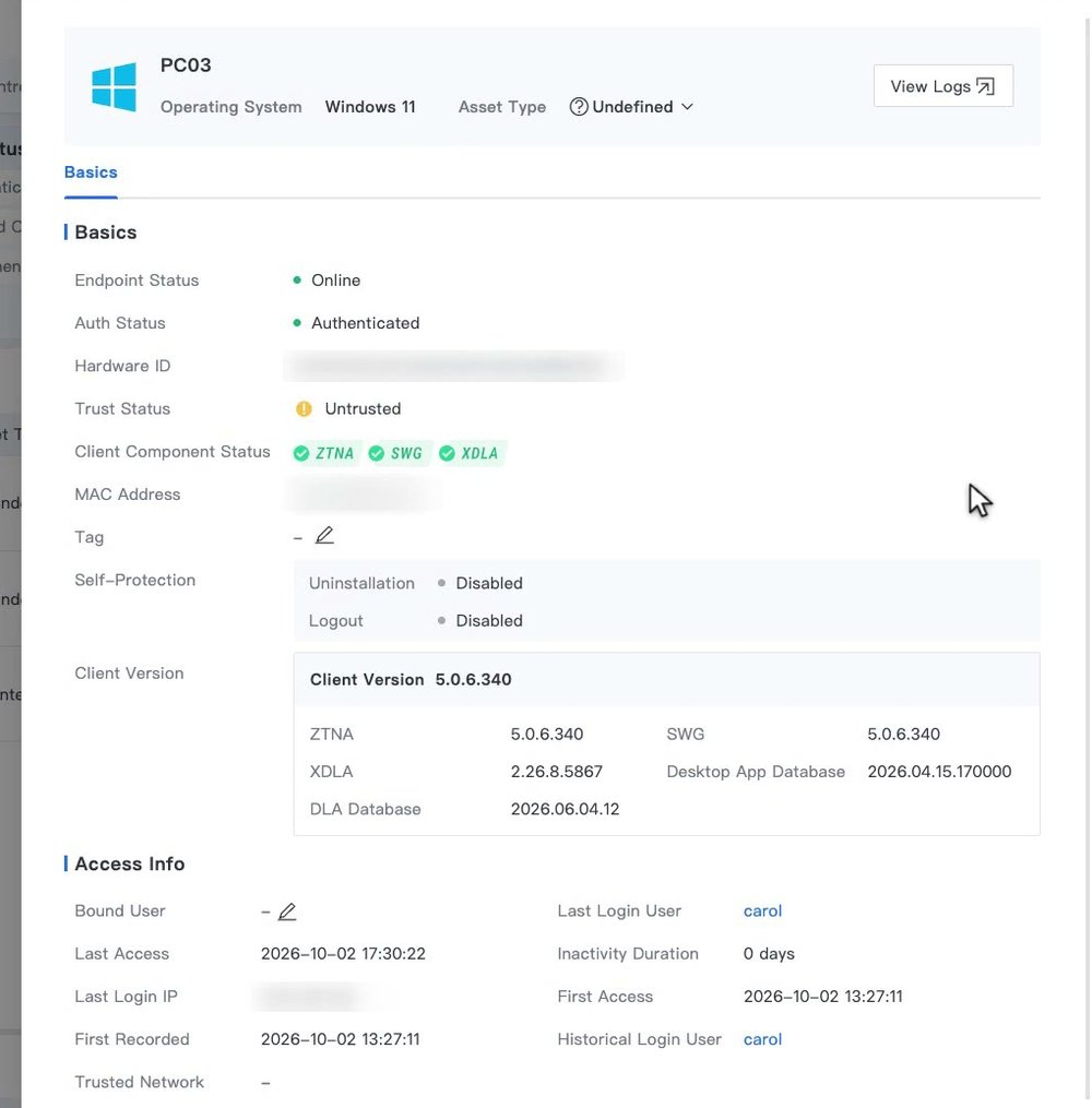 หน้า Details ของเครื่อง ส่วน Basics แสดง Trust Status, Client Component Status, Self-Protection, Client Version และส่วน Access Info