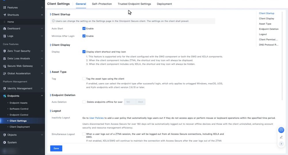 แท็บ General ของ Client Settings แสดงส่วน Client Startup, Client Display, Asset Type, Endpoint Deletion และ Logout พร้อมปุ่ม Save