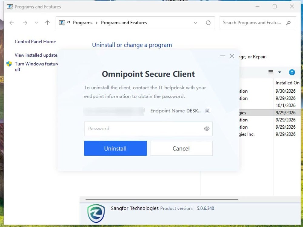 หน้าต่าง Omnipoint Secure Client ขอรหัสผ่านก่อนถอนการติดตั้ง แสดงข้อความจากฝ่าย IT, Endpoint Name, ช่อง Password และปุ่ม Uninstall กับ Cancel