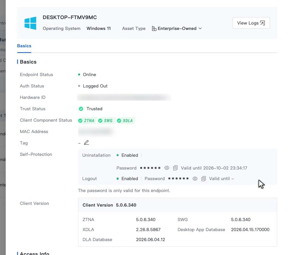 หน้า Details ของเครื่อง ส่วน Self-Protection แสดง Uninstallation และ Logout เป็น Enabled พร้อมรหัสผ่านเฉพาะเครื่องและ Valid until