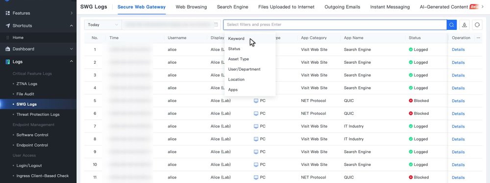 หน้า SWG Logs แท็บ Secure Web Gateway พร้อมรายการหัวข้อกรอง Keyword, Status, Asset Type, User/Department, Location และ Apps