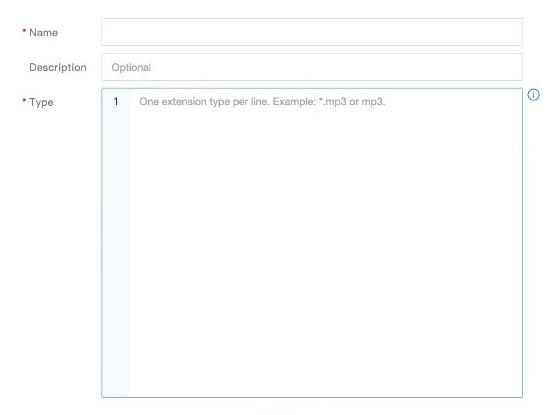 ฟอร์ม Add ของ File Type Groups ช่อง Type กรอกนามสกุลบรรทัดละหนึ่งรายการ