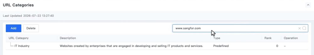 ผลการค้นหา URL ในหน้า URL Categories แสดงหมวดที่ URL นั้นอยู่