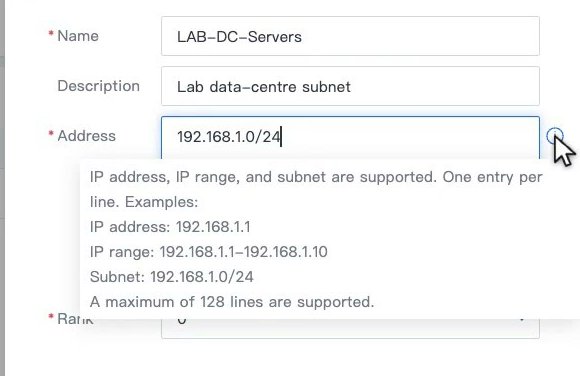 ฟอร์ม Add ของ IP Addresses พร้อมคำอธิบายรูปแบบ IP Address, IP Range และ Subnet สูงสุด 128 บรรทัด