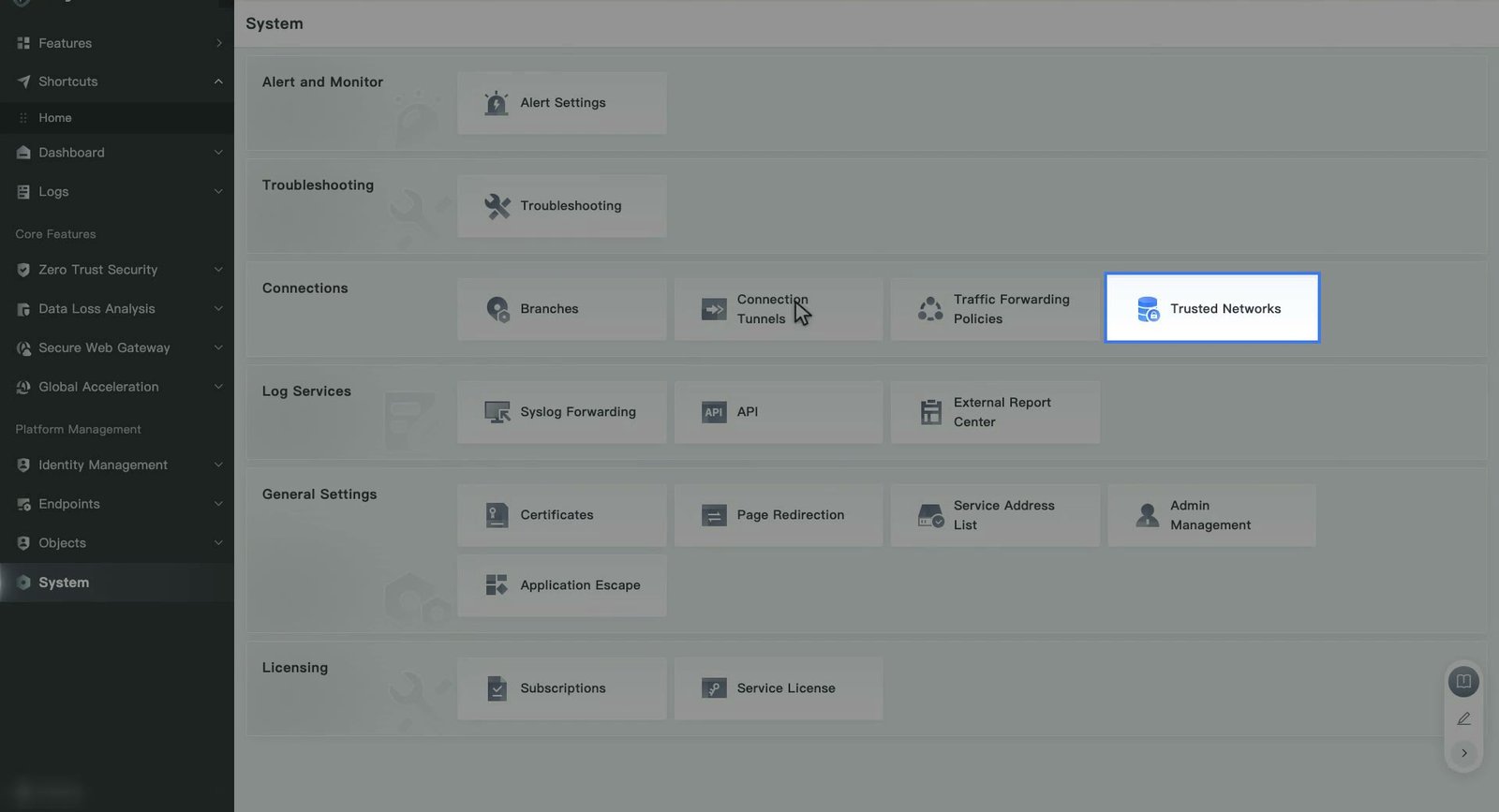 หน้า System แสดงหมวด Connections และการ์ด Trusted Networks