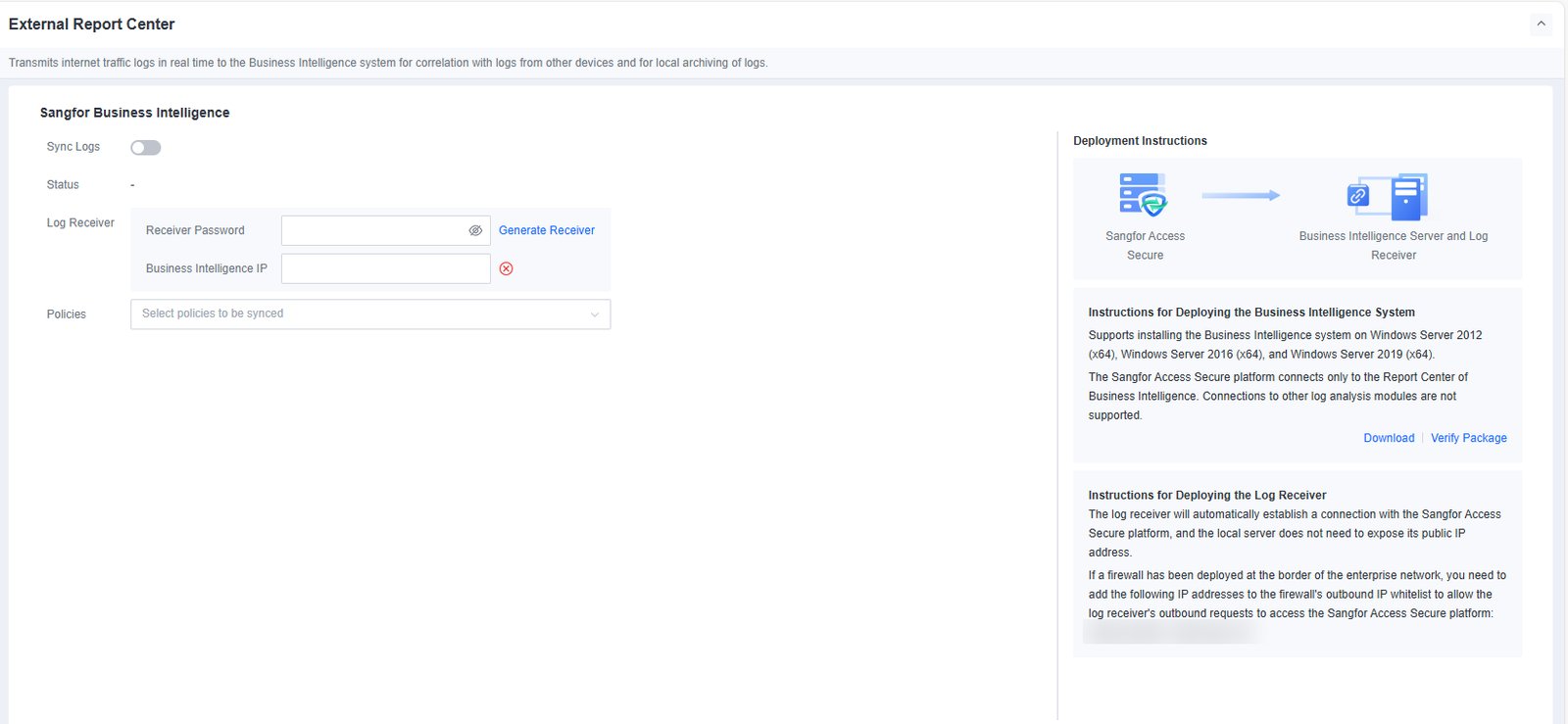 หน้า External Report Center แสดง Sync Logs, Log Receiver, Policies และแผง Deployment Instructions (ปิดบังช่วง IP)