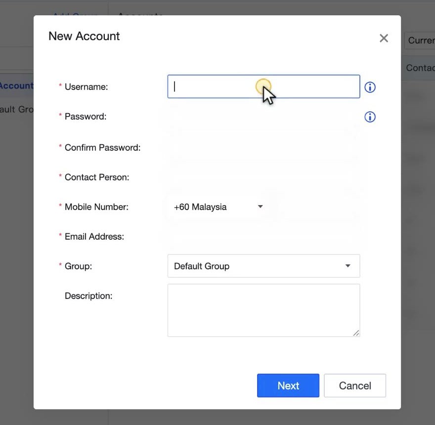 หน้าต่าง New Account ใน Corp Center ของ Platform-X