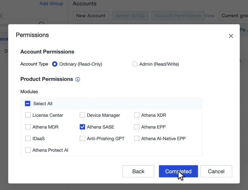 ขั้น Permissions ที่เลือก Account Type และติ๊ก Athena SASE ใน Product Permissions