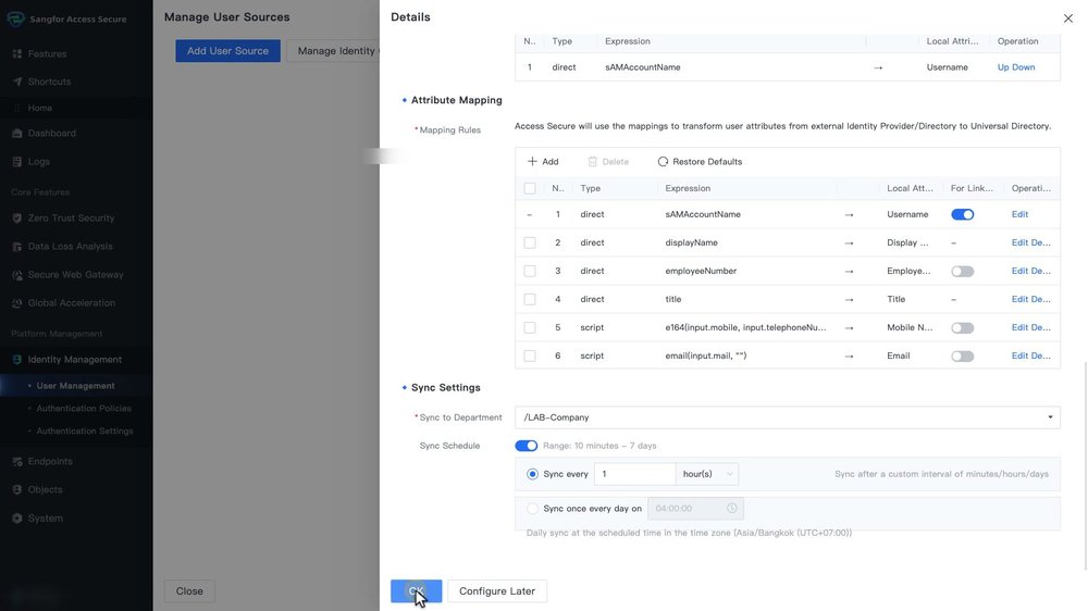 ส่วน Attribute Mapping และ Sync Settings เลือก Sync to Department และ Sync Schedule ทุก 1 ชั่วโมง