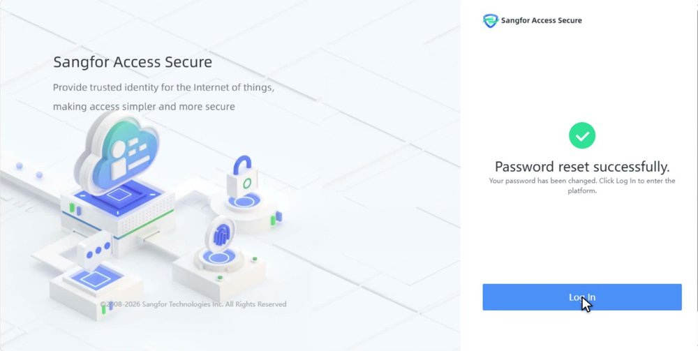 หน้าแจ้ง Password reset successfully และปุ่ม Log In