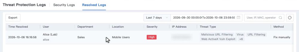 แท็บ Resolved Logs แสดงเครื่องที่ถูก Mark as Resolved พร้อม Threat Type และ Method