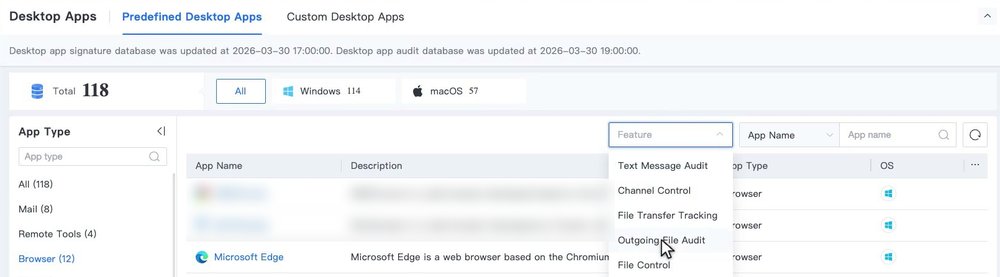 แท็บ Predefined Desktop Apps แสดงตัวกรอง OS, แผง App Type และรายการตัวเลือกของตัวกรอง Feature