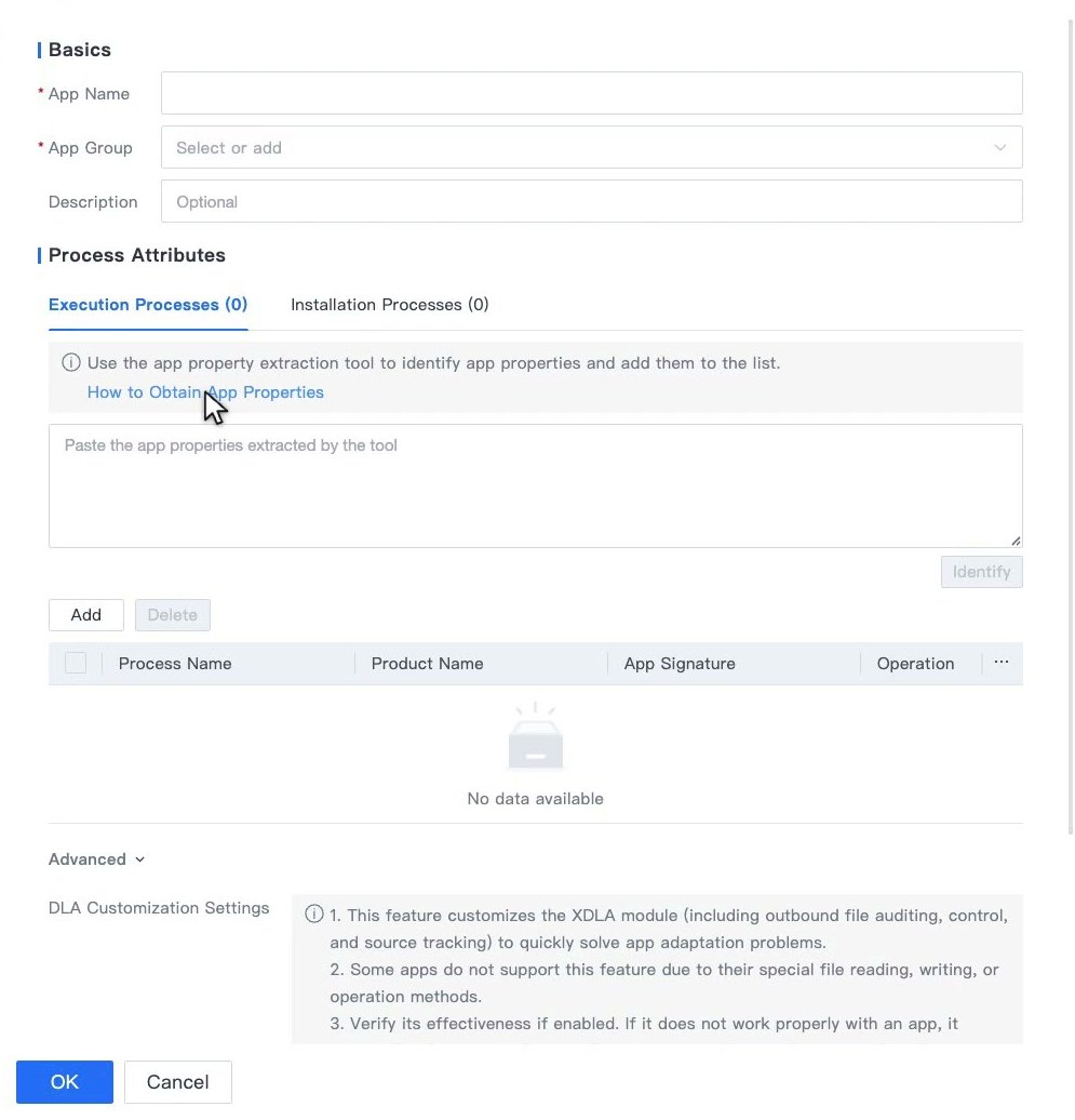 ฟอร์ม Add ของ Custom Desktop Apps ส่วน Basics และ Process Attributes พร้อมลิงก์ How to Obtain App Properties และปุ่ม Identify
