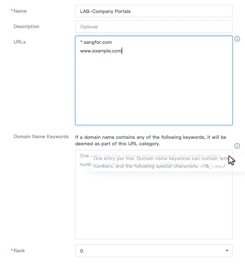 ฟอร์ม Add ของ URL Categories กรอก Name, URLs แบบ Wildcard และช่อง Domain Name Keywords