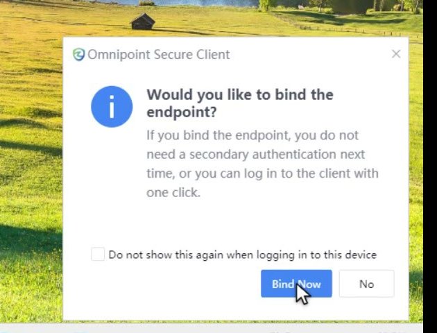หน้าต่าง Would you like to bind the endpoint? ของ Omnipoint Secure Client พร้อมปุ่ม Bind Now