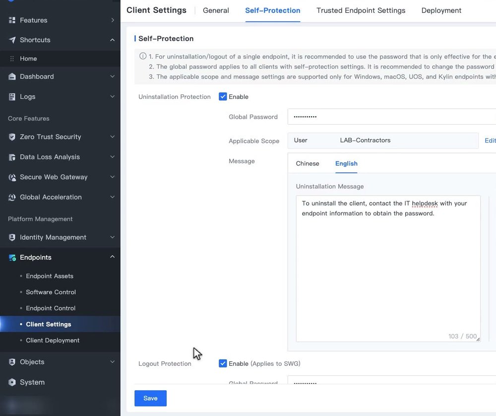แท็บ Self-Protection เปิด Uninstallation Protection พร้อม Global Password, Applicable Scope, Uninstallation Message และเปิด Logout Protection (Applies to SWG)