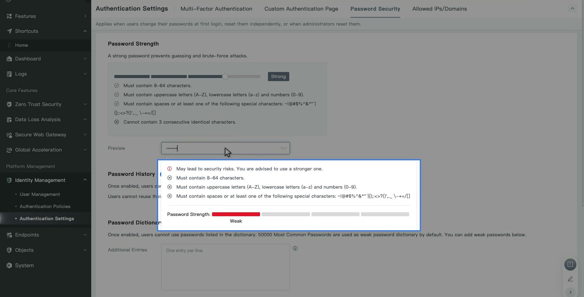 ช่อง Preview แสดงผลการตรวจรหัสผ่านตัวอย่างว่าไม่ผ่านกติกาข้อใด และ Password Strength ระดับ Weak