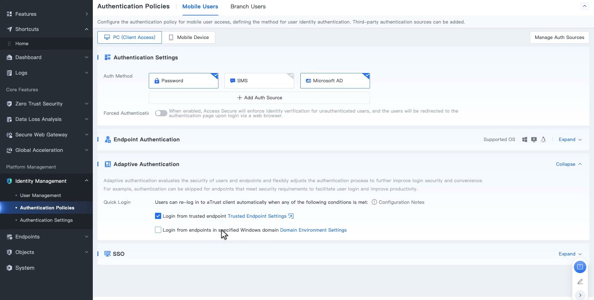 Adaptive Authentication ส่วน Quick Login ติ๊ก Login from trusted endpoint แล้ว พร้อมตัวเลือก Login from endpoints in specified Windows domain