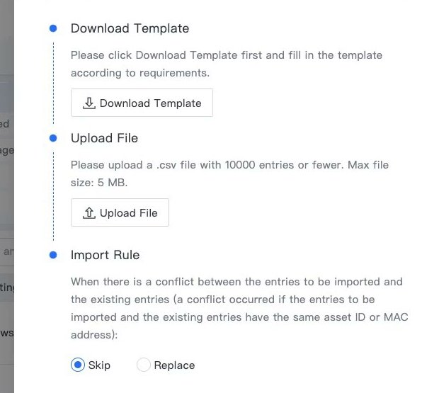 หน้าต่าง Import มีสามขั้นตอน Download Template, Upload File และ Import Rule แบบ Skip หรือ Replace
