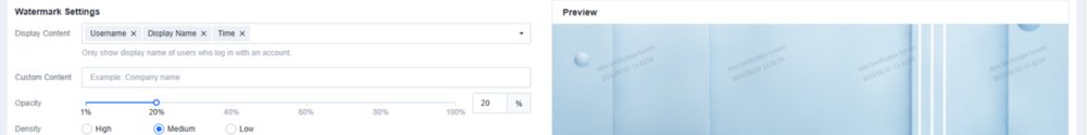 ส่วน Watermark Settings มี Display Content, Custom Content, Opacity, Density และช่อง Preview แสดงตัวอย่างลายน้ำ