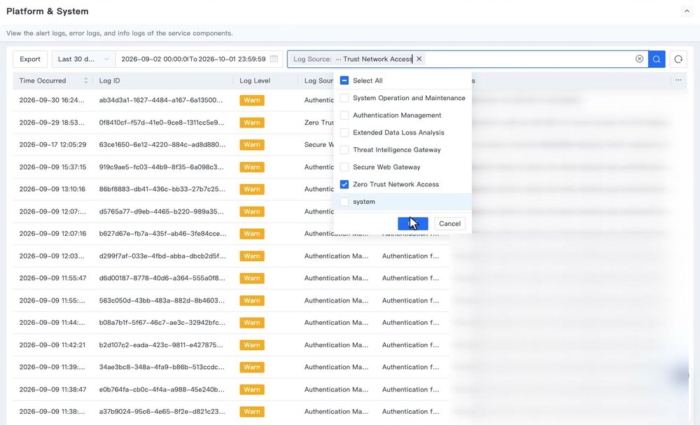 หน้า Platform & System กำลังเลือก Log Source เป็น Zero Trust Network Access