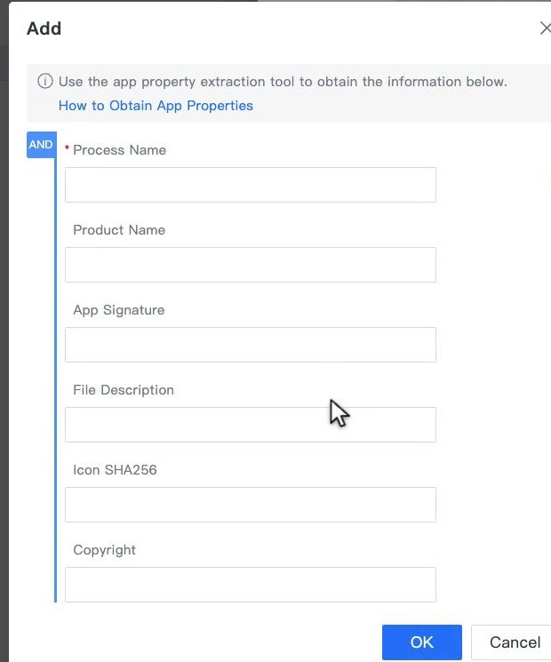 หน้าต่าง Add ของ Process Attributes มีช่อง Process Name ที่บังคับ และช่อง Product Name, App Signature, File Description, Icon SHA256, Copyright