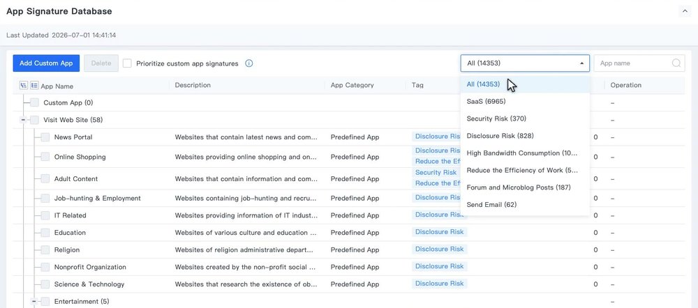 หน้า App Signature Database เปิดตัวกรอง Tag และแสดงรายการ App ใต้ Visit Web Site