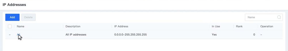 หน้า IP Addresses แสดง Object All ที่มากับระบบและคอลัมน์ In Use