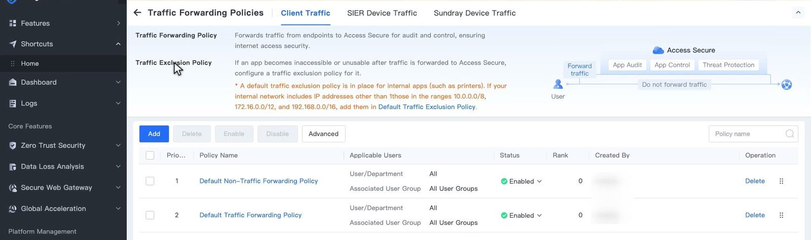 หน้า Traffic Forwarding Policies แท็บ Client Traffic พร้อมคำอธิบายและรายการ Policy ที่ระบบสร้างไว้