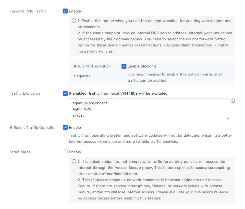 หน้าต่าง Advanced ของ Traffic Forwarding Policies แสดง Forward DNS Traffic, IPv6 DNS Resolution Requests, Traffic Exclusion, Efficient Traffic Detection และ Strict Mode