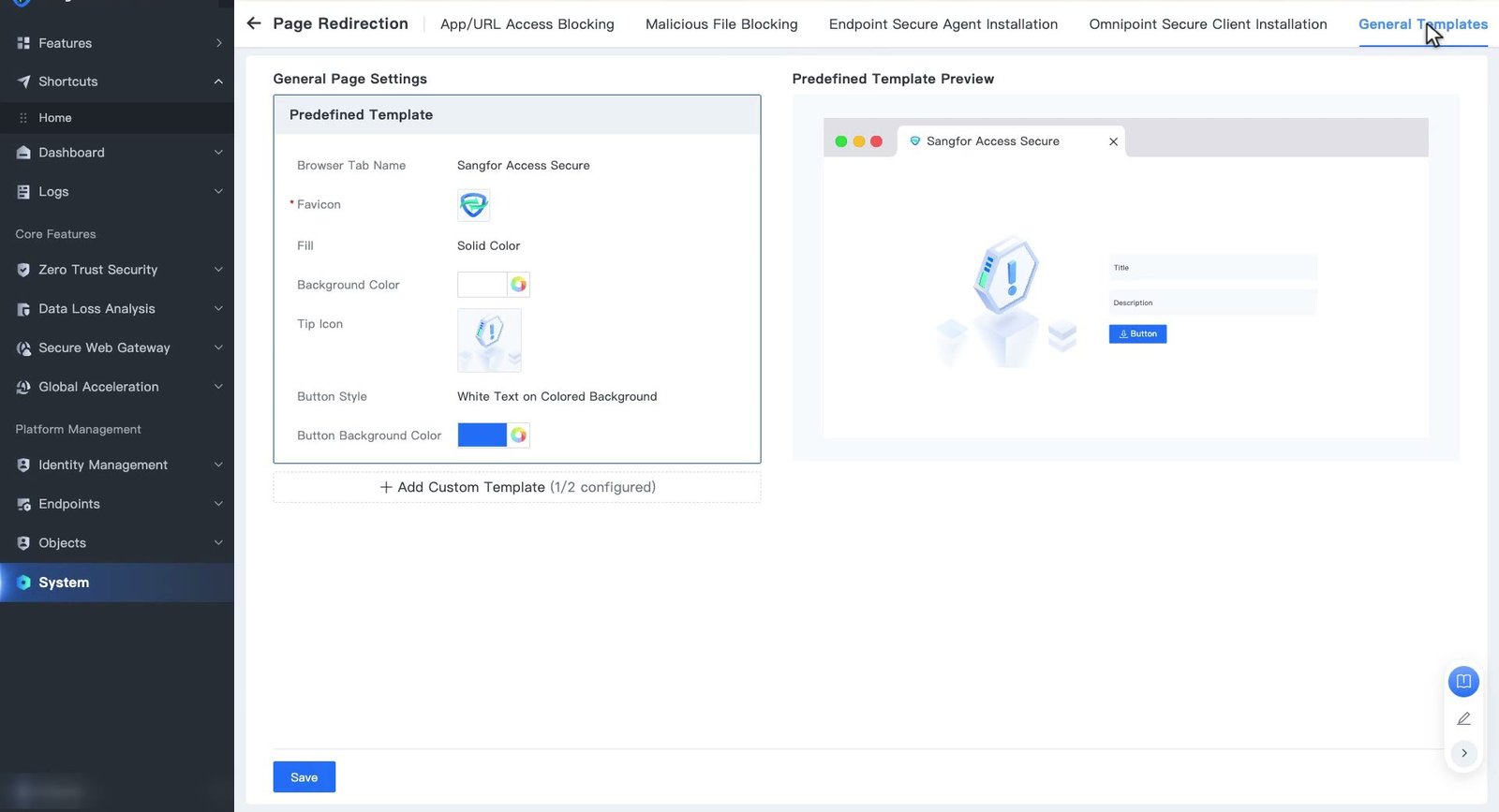 แท็บ General Templates แสดงการตั้งค่า Predefined Template และ Preview
