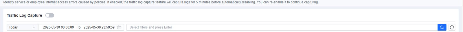 แท็บ Service Troubleshooting ที่มีคำอธิบาย สวิตช์ Traffic Log Capture และตัวกรองช่วงเวลา