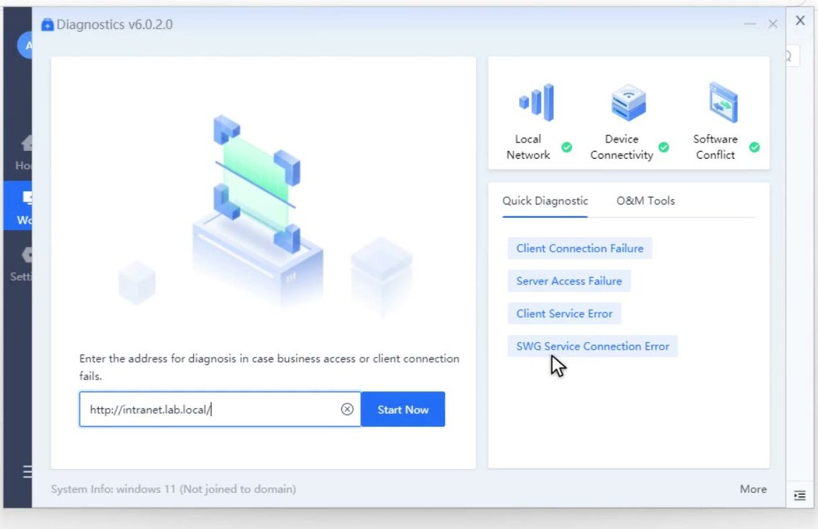 หน้าต่าง Diagnostics ของ Omnipoint Secure Client พร้อม Quick Diagnostic และช่องกรอกที่อยู่สำหรับตรวจ