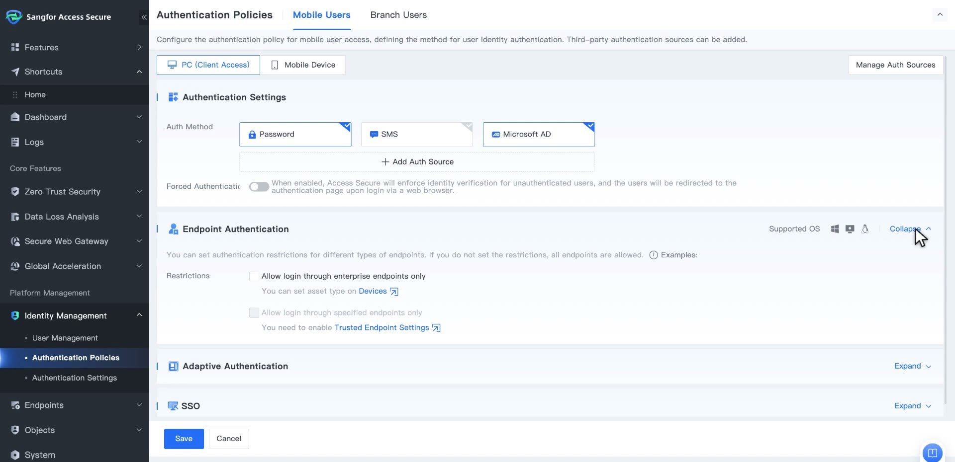 ส่วน Endpoint Authentication แสดงตัวเลือก Allow login through enterprise endpoints only และ Allow login through specified endpoints only