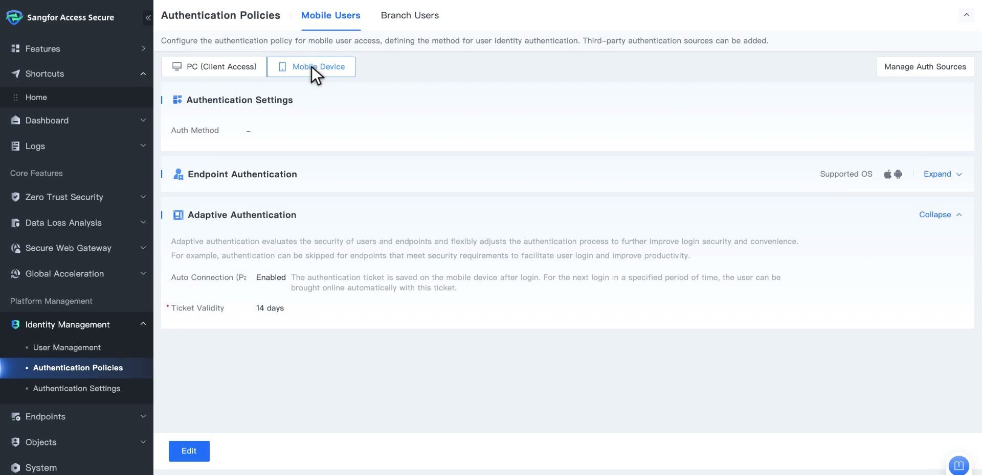 แท็บ Mobile Device แสดง Auth Method, Endpoint Authentication และ Auto Connection (Password-Free Auth) พร้อม Ticket Validity