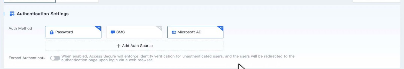 ส่วน Authentication Settings ของ PC (Client Access) แสดง Tile ของ Auth Method และสวิตช์ Forced Authentication