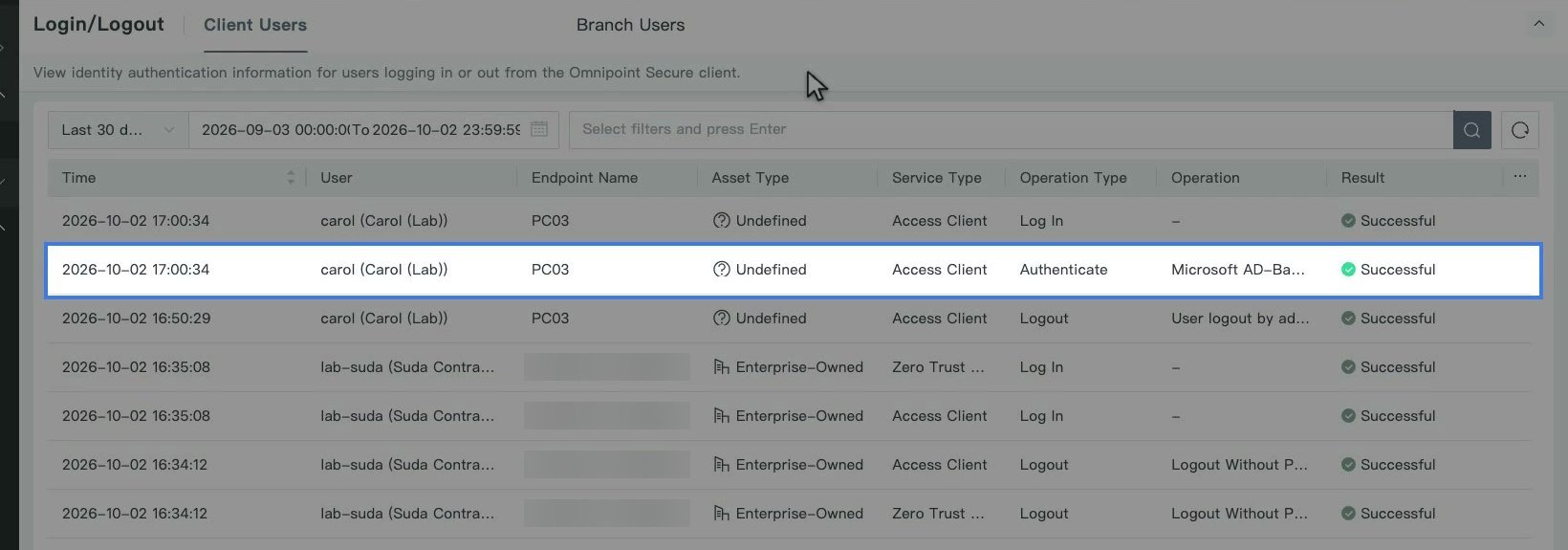 Logs Login/Logout แท็บ Client Users แสดงรายการ Authenticate แบบ Microsoft AD-Based SSO ผลเป็น Successful