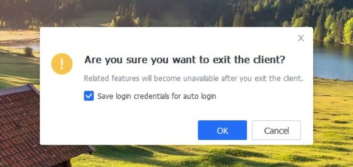 หน้าต่างยืนยันการปิด Client พร้อมช่อง Save login credentials for auto login ที่ติ๊กไว้