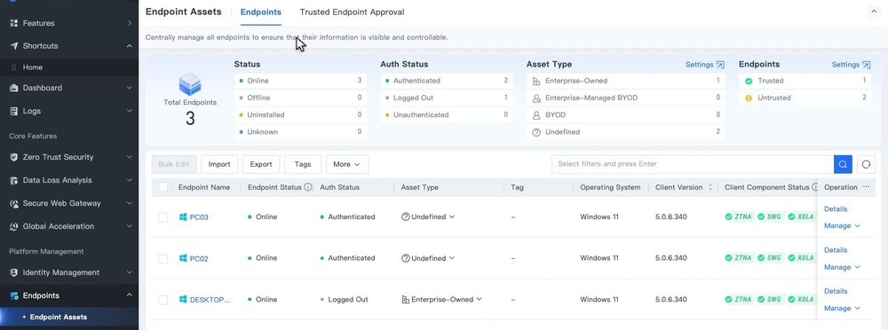 หน้า Endpoint Assets แท็บ Endpoints แสดงแถบสรุป Status, Auth Status, Asset Type, Endpoints และรายการเครื่องพร้อม Client Component Status